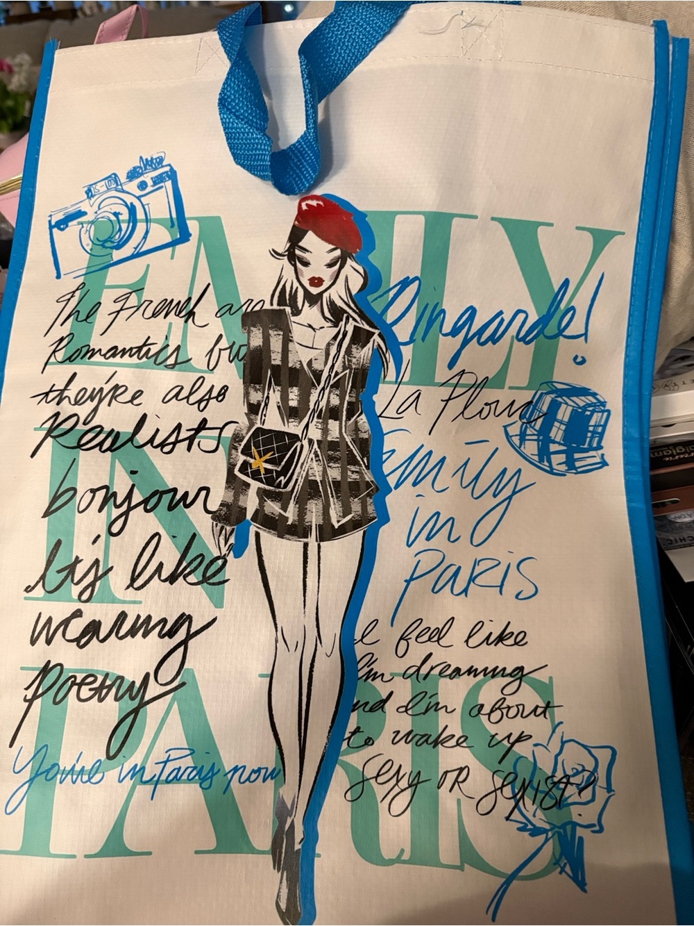 Illustrated Fashion Tote Bag with Blue Trim and Red Accent